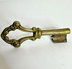 Antique Brass Skeleton Key Ornate French Scroll Fluted Solid & Heavy
